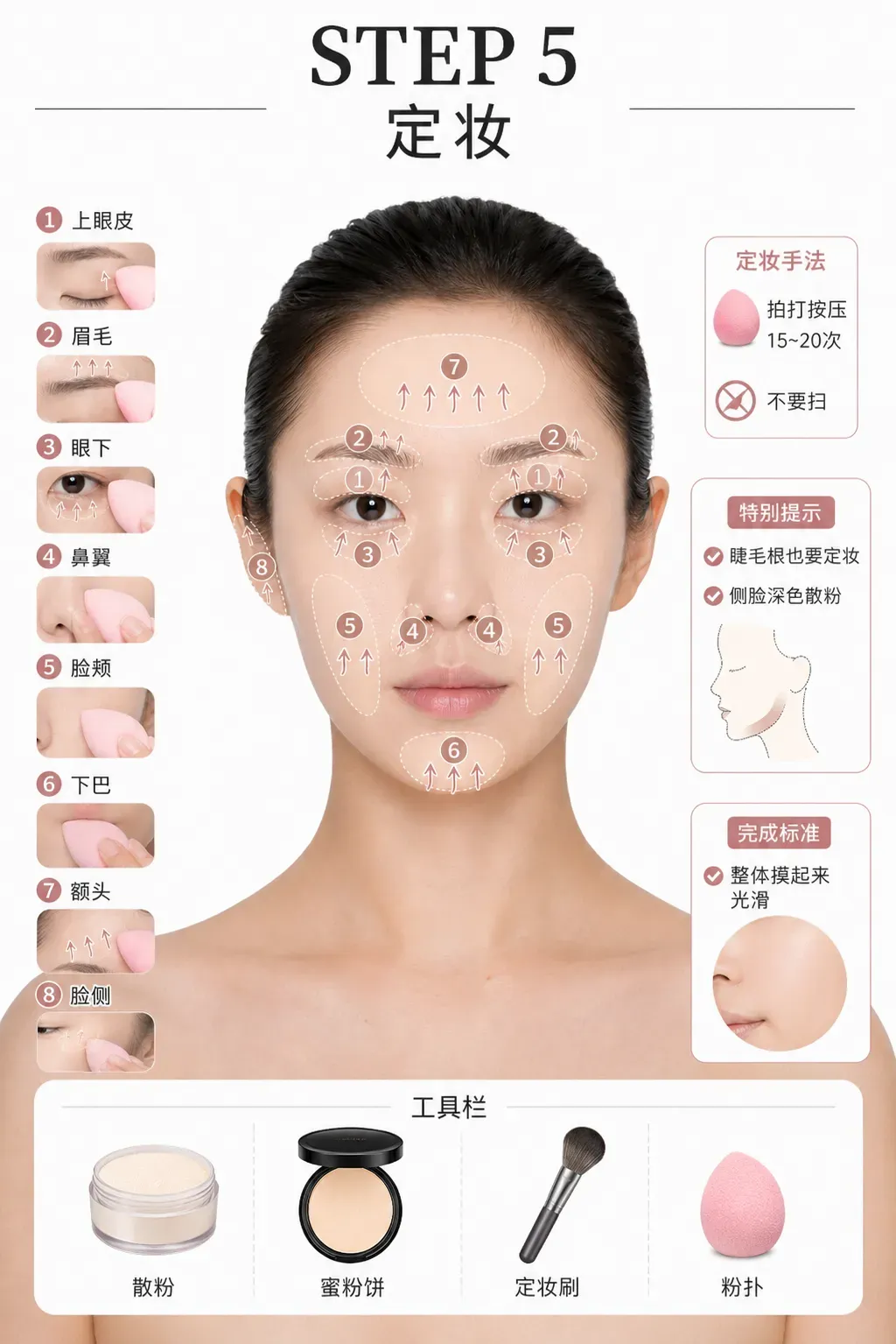 定妆：以按压方式处理容易出油和移动的区域