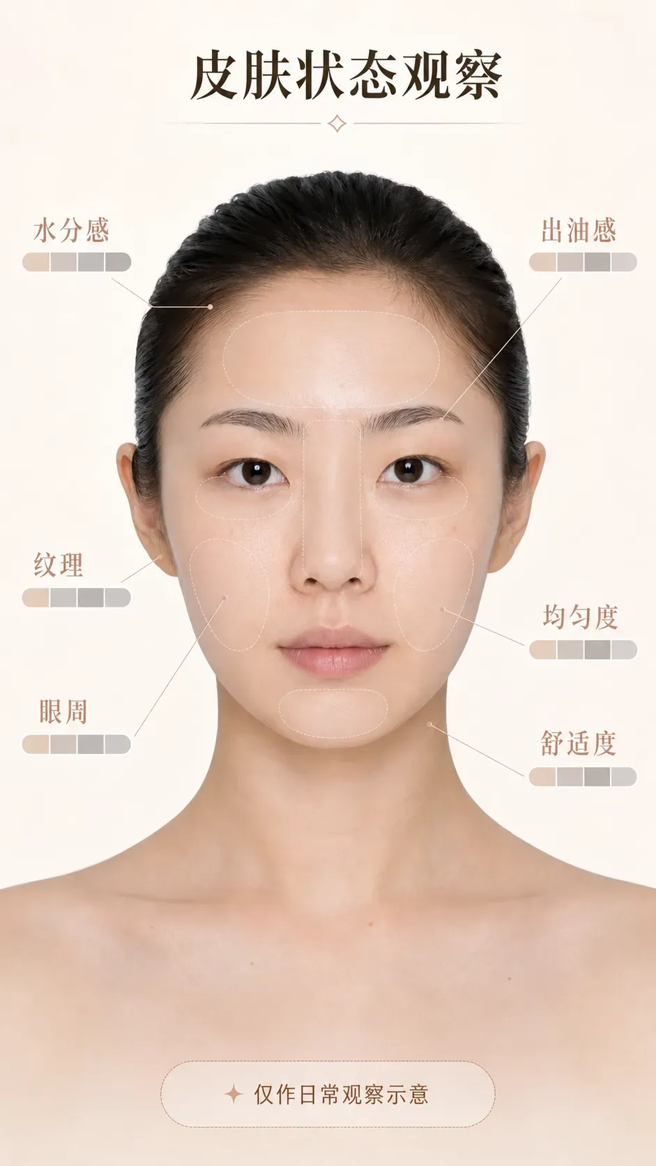皮肤状态观察示意：用分区与状态条记录水分感、出油感、纹理、均匀度、眼周与舒适度